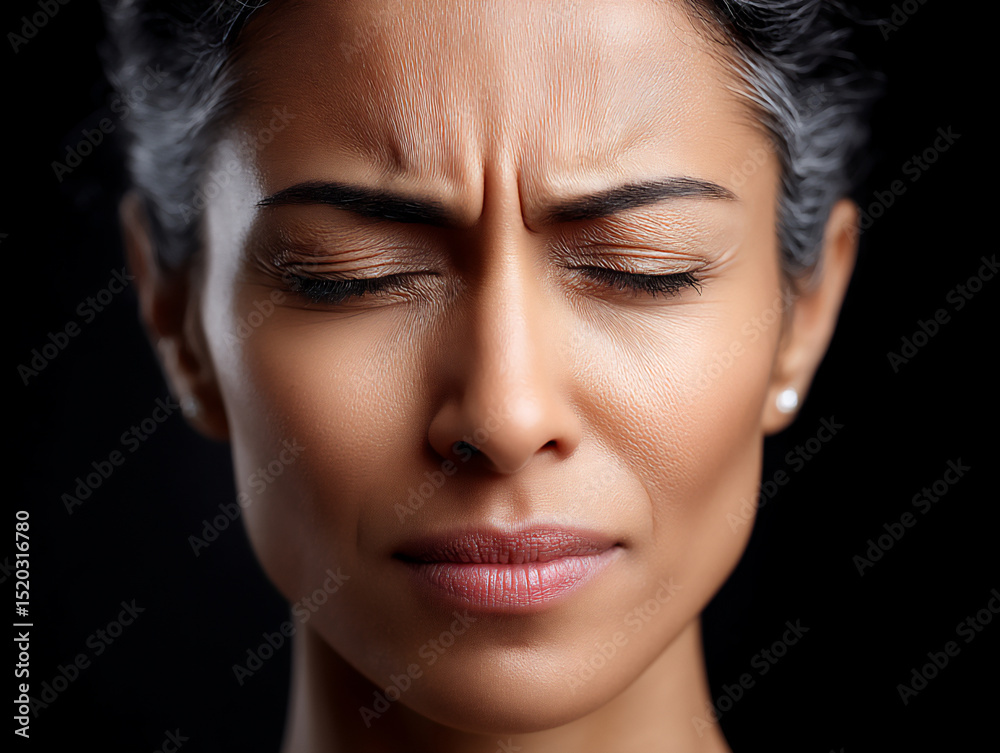 Fototapeta premium close-up photograph of a person's furrowed brow and closed eyes, symbolizing worry, stress