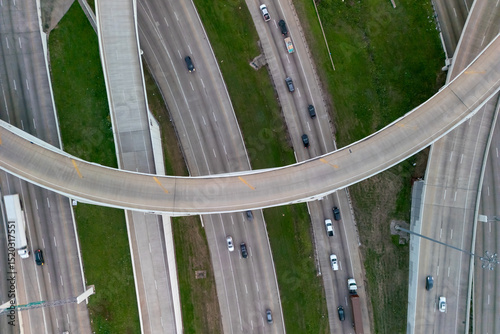 Top down view of highway intersection with several layers of the roads in Dallas, Texas