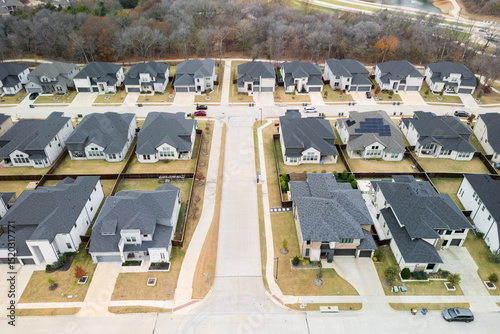 Aerial view of modern luxury estate homes neighborhood in Dallas, Texas.