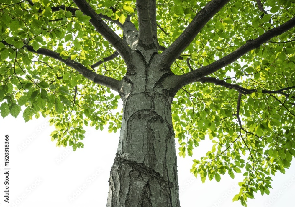 Fototapeta premium Large tree trunk with lush green leaves isolated on white background