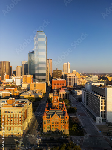 Dallas city skyline including the Old Red Courthouse building in Dallas downtown, Texas under evening light.