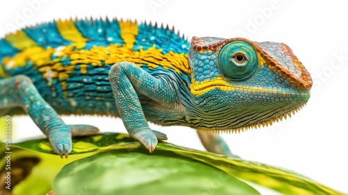 Colorful chameleon on leaf isolated background photo
