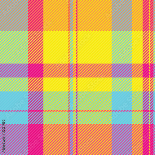 Vibrant, joyful plaid pattern in bright, summery colors. Perfect for textile design, fashion, websites, or cheerful branding.  A bold, energetic texture that evokes happiness and optimism.