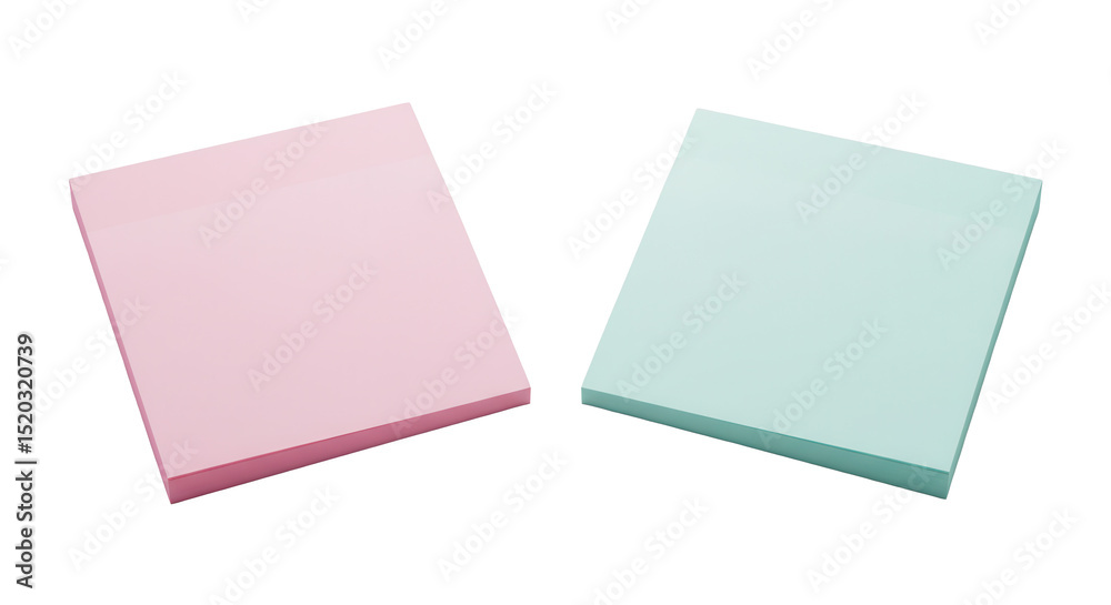 Fototapeta premium Two pastel sticky notes in pink and mint green on a white background 