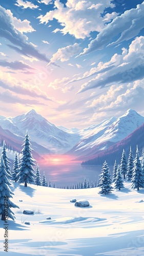Winter Sunset Over Serene Mountains – Scenic Snowy Landscape Wallpaper