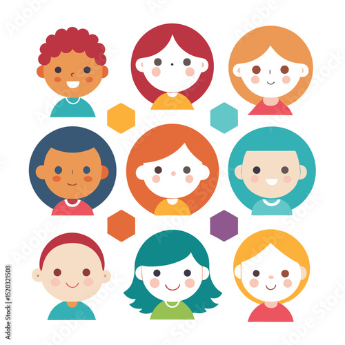 Adorable collection of diverse and happy cartoon children in a colorful illustration