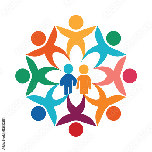 Colorful abstract people in a circle representing community and teamwork on white background