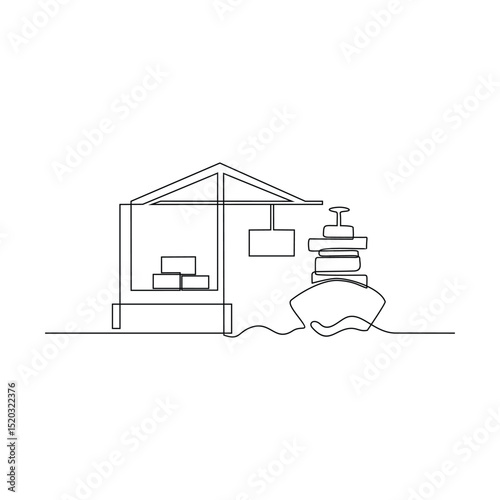 One continuous line drawing of a Port with ships, cranes and goods distribution lines vector illustration. National development theme design in simple linear concept. Suitable for your asset design
