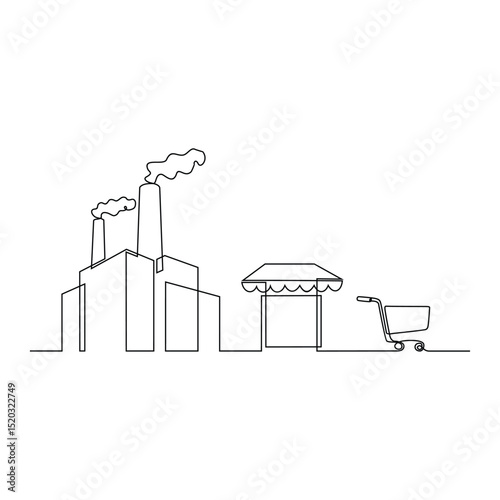 One continuous line drawing of a Factories with production flowing to markets and consumers vector illustration. National development themes design in simple linear concept. Suitable for your asset.