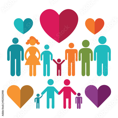 Colorful graphic illustration depicting families and hearts representing love and unity