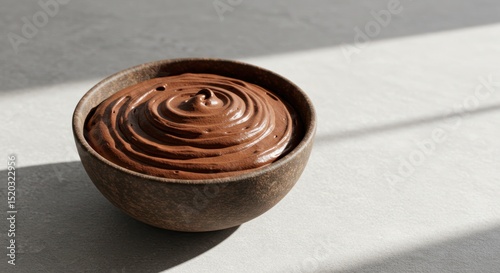 Chocolate mousse in a bowl on a light surface with shadow.