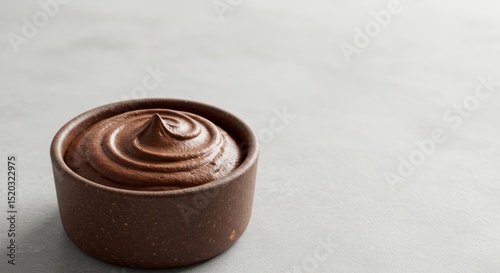 Small brown bowl filled with chocolate mousse on a gray surface.