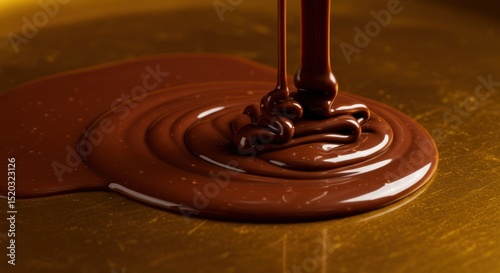 Liquid chocolate pouring onto a surface creating a pool of brown.