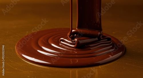 Chocolate liquid pouring creating a circular pattern on a brown surface.