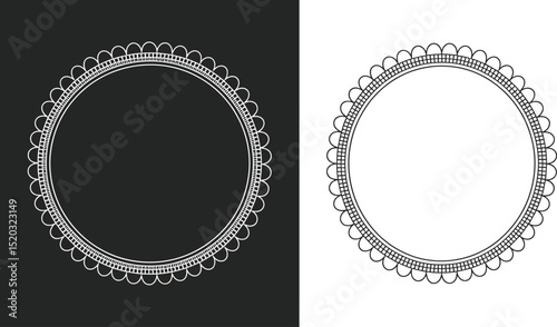 Two circular frames with scalloped edges on contrasting black and white backgrounds side by side design