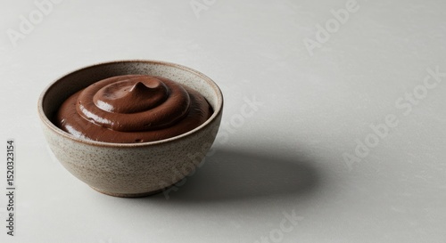 Chocolate pudding in a small bowl on a white surface with shadow.