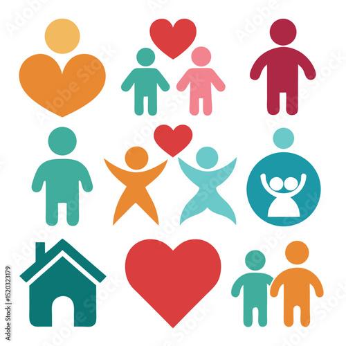 Colorful icons depicting family community love and relationships on white background
