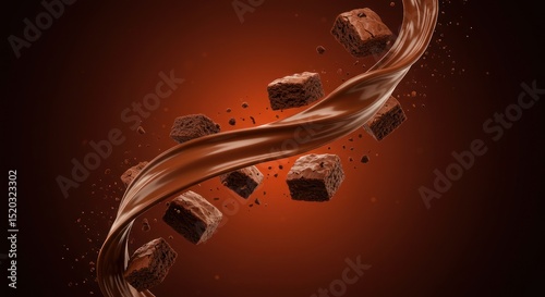 Chocolate cubes and liquid swirl in mid-air against a dark brown background.