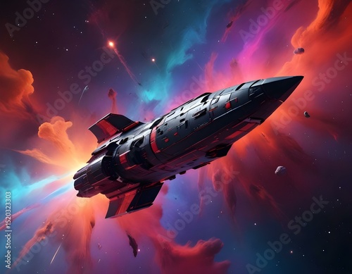 Wallpaper Mural A sleek black and red spacecraft flying through a colorful nebula Torontodigital.ca