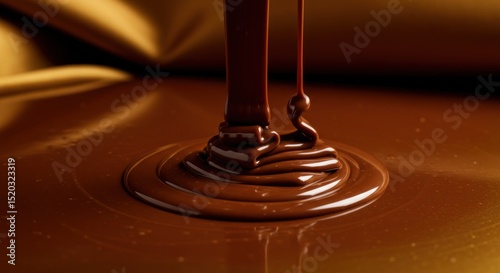 Dark chocolate liquid pouring onto a surface creating ripples and reflections.