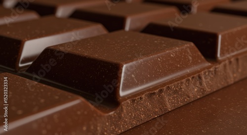Close-up of a dark brown chocolate bar with square segments.
