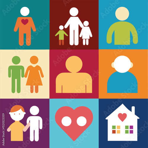 Colorful illustrated symbols representing family relationships and happiness on various backgrounds
