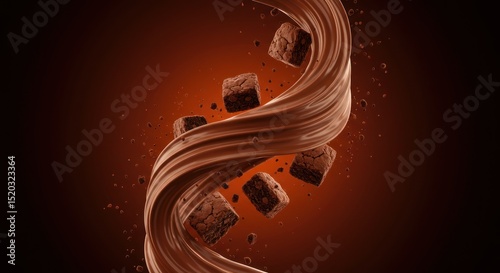 Chocolate swirl with chocolate pieces on a brown background.