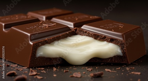 Chocolate bar piece with white creamy filling on dark surface close up.