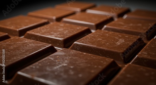 Close up of a chocolate bar with squares against a dark background.