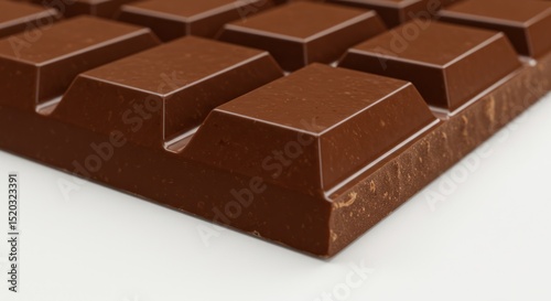 Close-up of a milk chocolate bar with rectangular segments on a white surface.