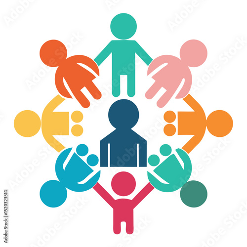 Colorful illustration of a diverse community united in circle formation together