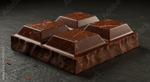 Dark chocolate square piece on a dark surface close up sweet treat.