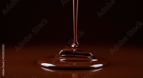 Dark chocolate liquid pouring onto a surface against a dark background.