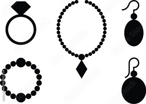 A graphic representation of jewelry including a ring necklace bracelet and a pair of earrings in black