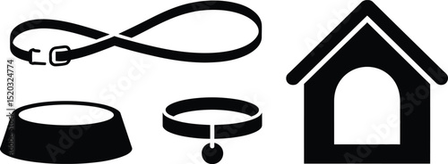 A black and white graphic featuring a dog bowl, leash, collar and dog house in a simple illustration