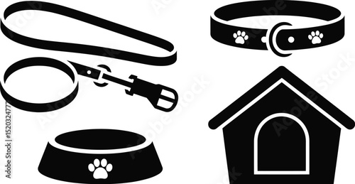 A black and white illustration of dog accessories including a leash collar bowl and dog house icon set