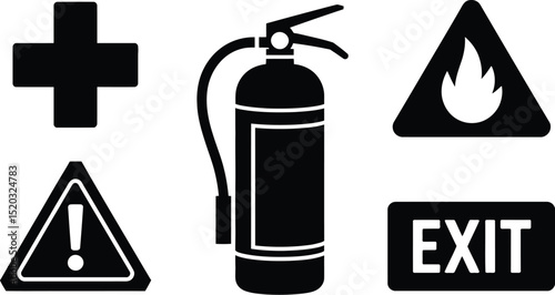 A collection of safety signs including a first aid symbol and a fire extinguisher and exit sign icon set