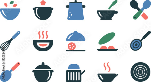 A collection of kitchen utensils and cookware icons including bowls pots and various cooking tools