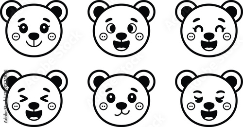 Collection of six cute bear faces with different expressions in black and white outline style design