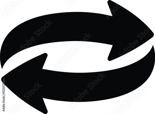 A graphic depiction of two black arrows curving in opposite directions on a white background plain design