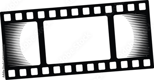 A black film strip with square perforations and stylized ends on a light beige background illustration
