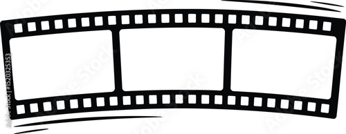 A black and white illustration of a film strip with three blank frames on a light beige background