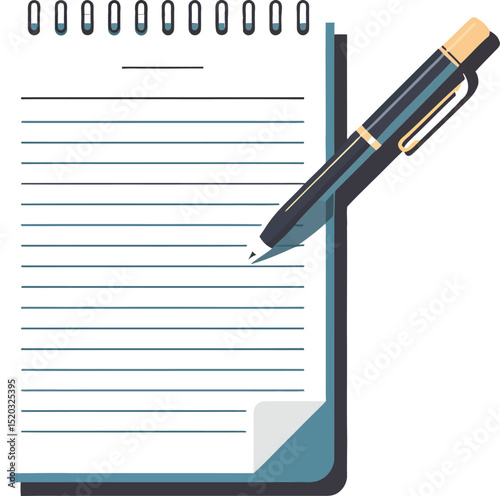 A notepad with horizontal lines and a pen resting on it against an orange colored background scene view