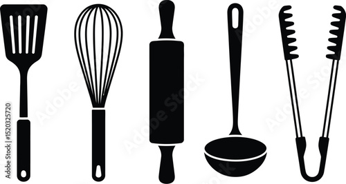 A black and white image featuring a spatula, whisk, rolling pin, ladle, and a pair of tongs in a row