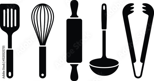 A set of kitchen utensils including a spatula a whisk a rolling pin a ladle and a pair of kitchen tongs