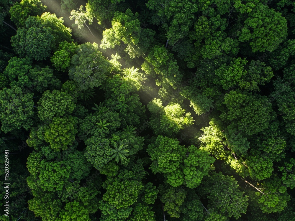 Fototapeta premium Top-Down View of a Forest with Sunlight Streaming Through Trees