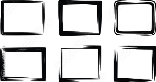 Six black frames with brush stroke effect in varying shapes and sizes on a white background plain design