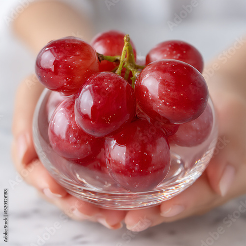 a single grape inflated to the size of a beach ball, held by tiny human hands photo