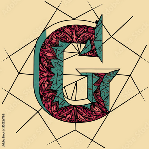 A decorative letter g with floral patterns and geometric background lines