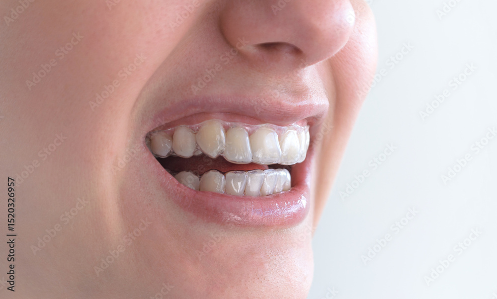 Obraz premium Boca de mujer con placas termoplásticas removibles para contención dental de ortodoncia.